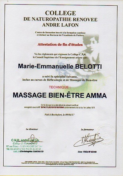 Attestation massage bien-être Amma de Marie Bélotti