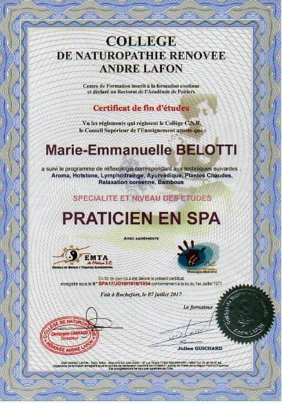 Certificat de praticien en spa de Marie Bélotti