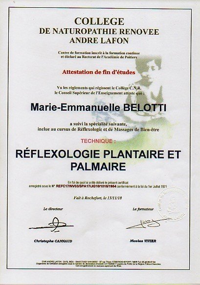 Attestation de réflexologie plantaire et palmaire de Marie Bélotti