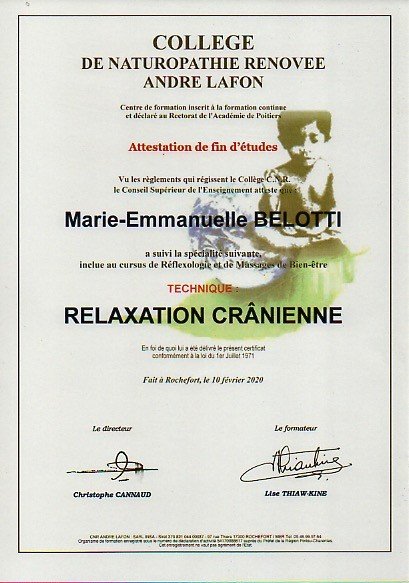 Attestation de relaxation crânienne de Marie Bélotti