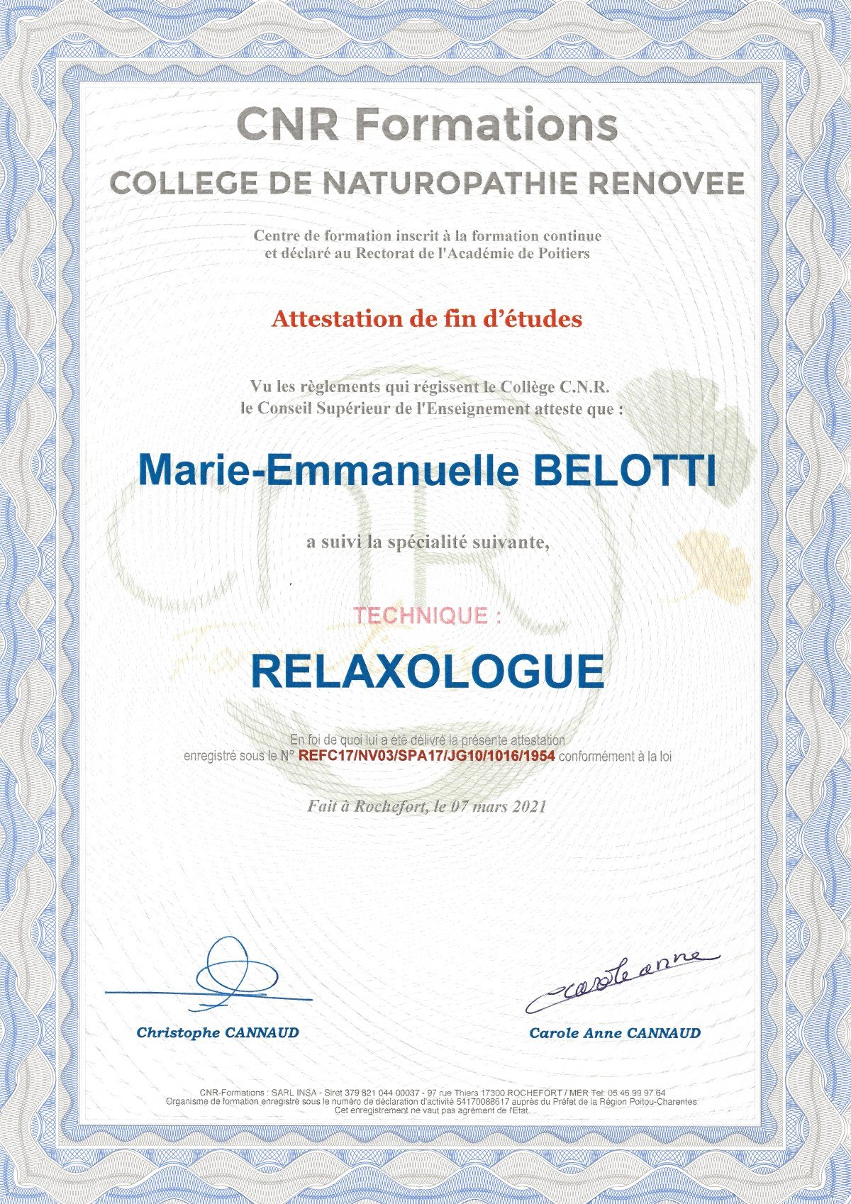 Certification de relaxologue de Marie Bélotti